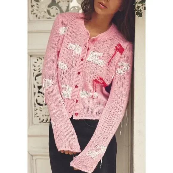 ZARA Jacquard Knit Cardigan with Contrast Fringe Deconstructed Sweater, Pink